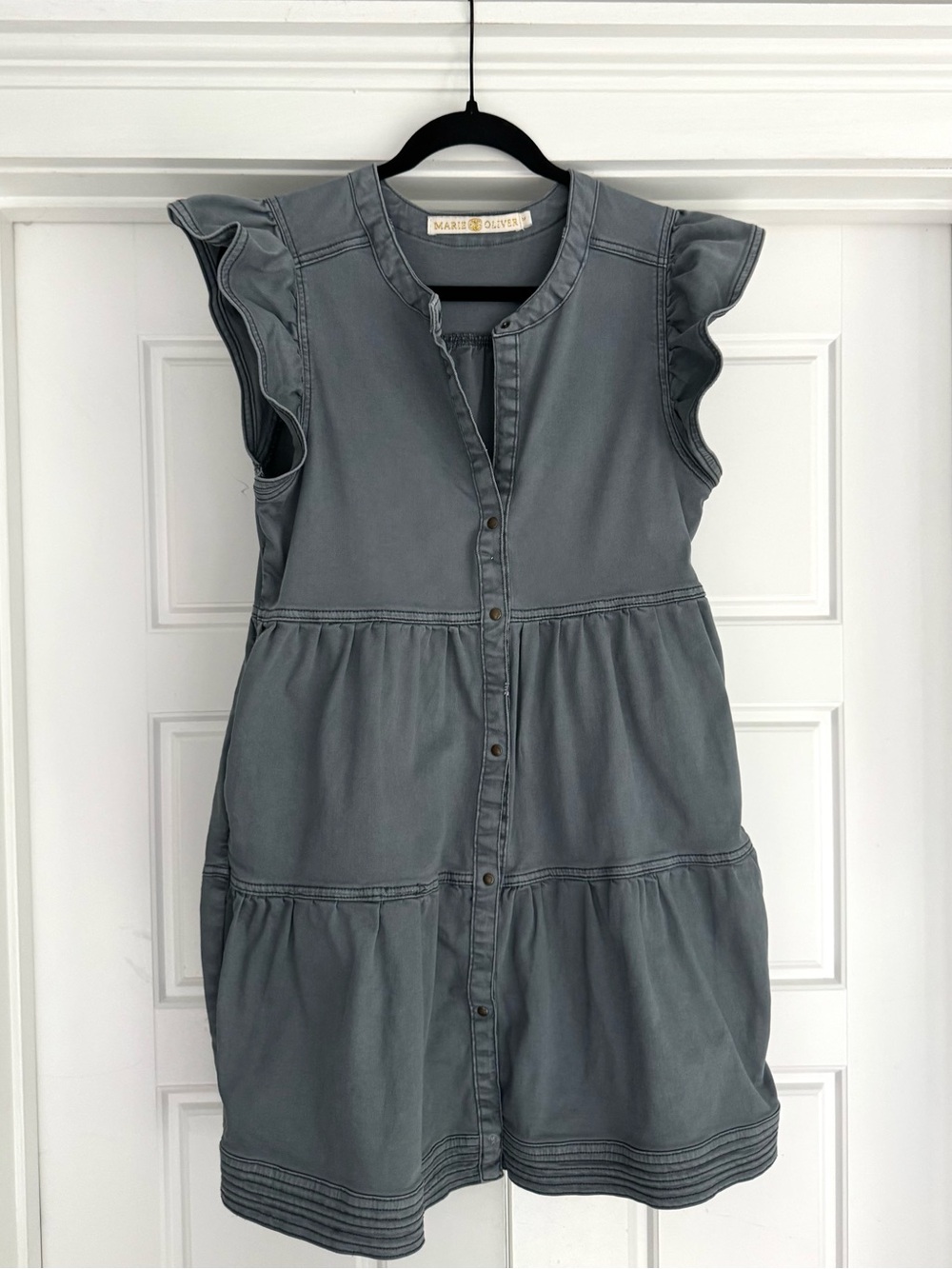 Marie Oliver Neelie Denim Button-Front Ruffle Dress, size Medium